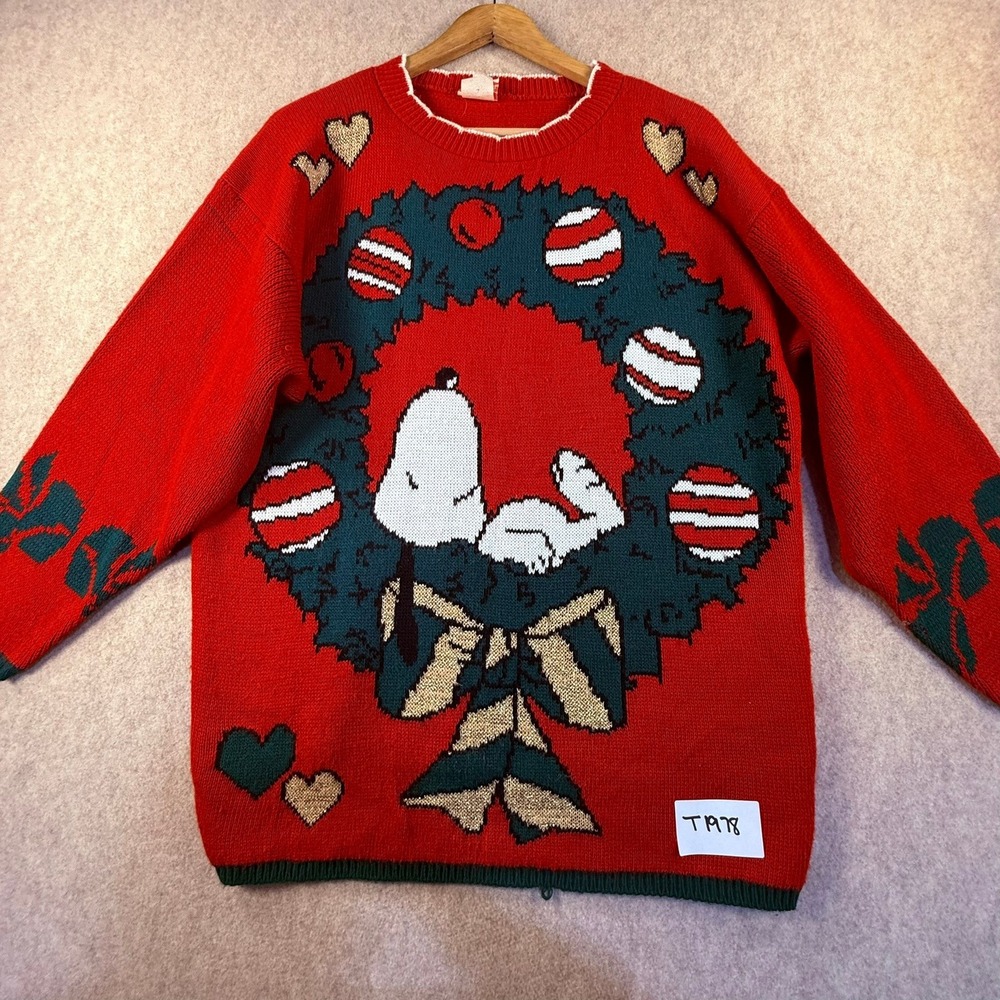 Vintage Snoopy Friends Christmas Sweater Red Wreath Snoopy Made in USA Large